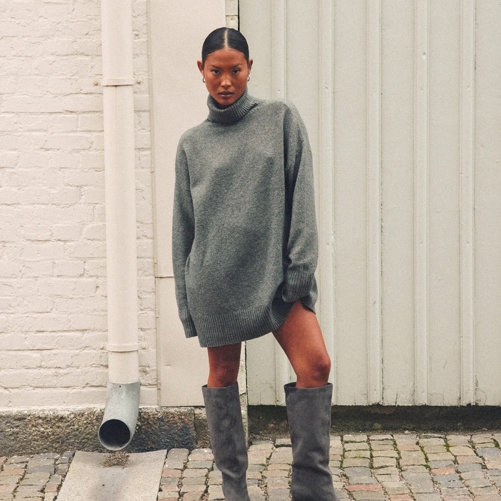 NELLY Long Roll Neck Knit Dress Women's Gray Turtleneck Sweater